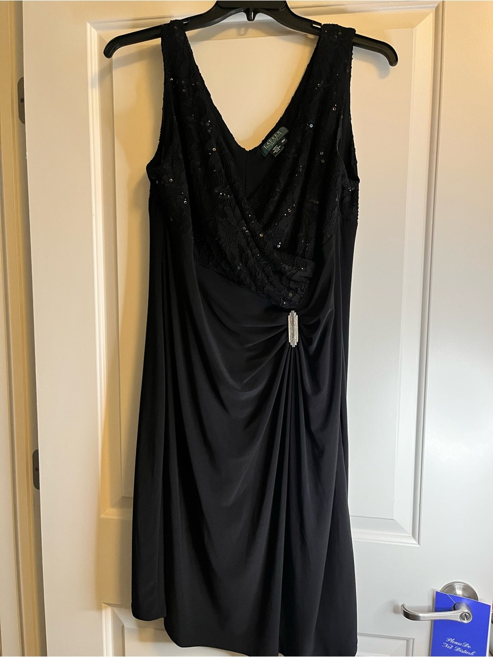 Lauren Ralph Lauren Black Beaded V-Neck Midi Dress with Draped Skirt